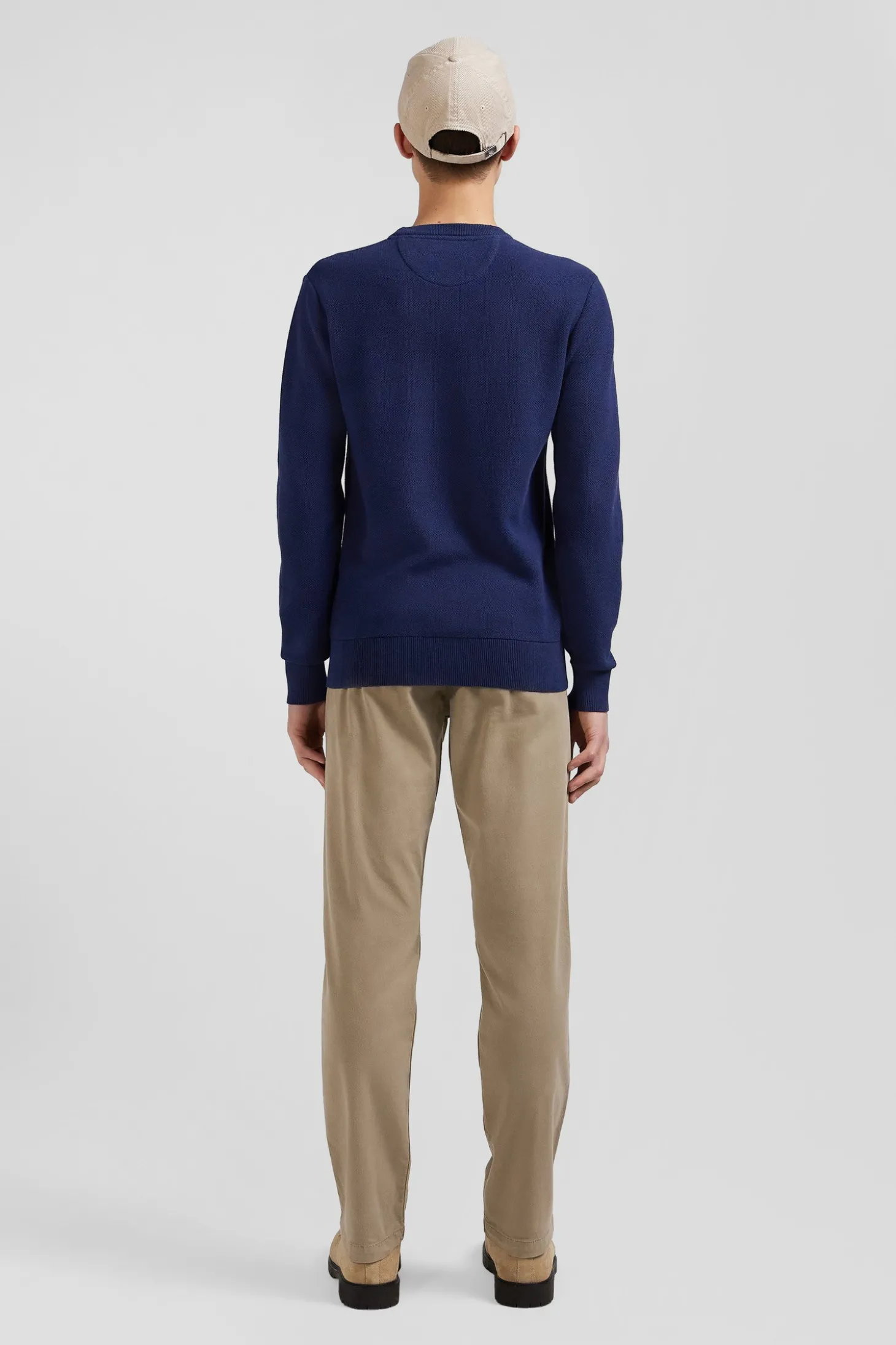 Pull col rond uni en coton bleu foncé coupe Regular