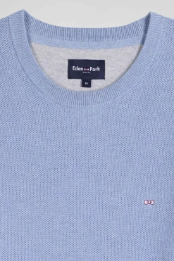 Pull col rond uni en coton ciel coupe Regular