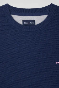 Pull col rond uni en coton bleu foncé coupe Regular