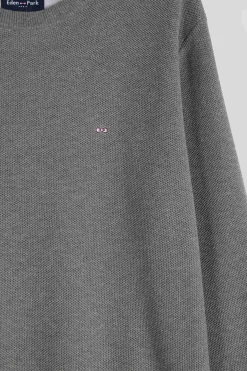 Pull col rond uni en coton gris coupe Regular