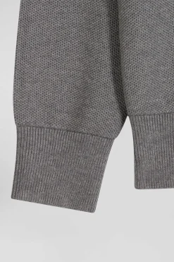 Pull col rond uni en coton gris coupe Regular