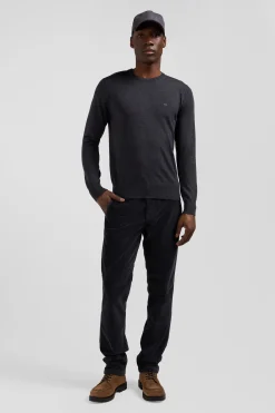 Pull col rond uni en laine mérinos gris anthracite coupe Regular