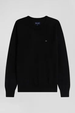 Pull col rond uni en laine mérinos noir coupe Regular