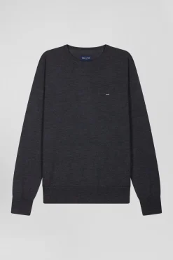 Pull col rond uni en laine mérinos gris anthracite coupe Regular