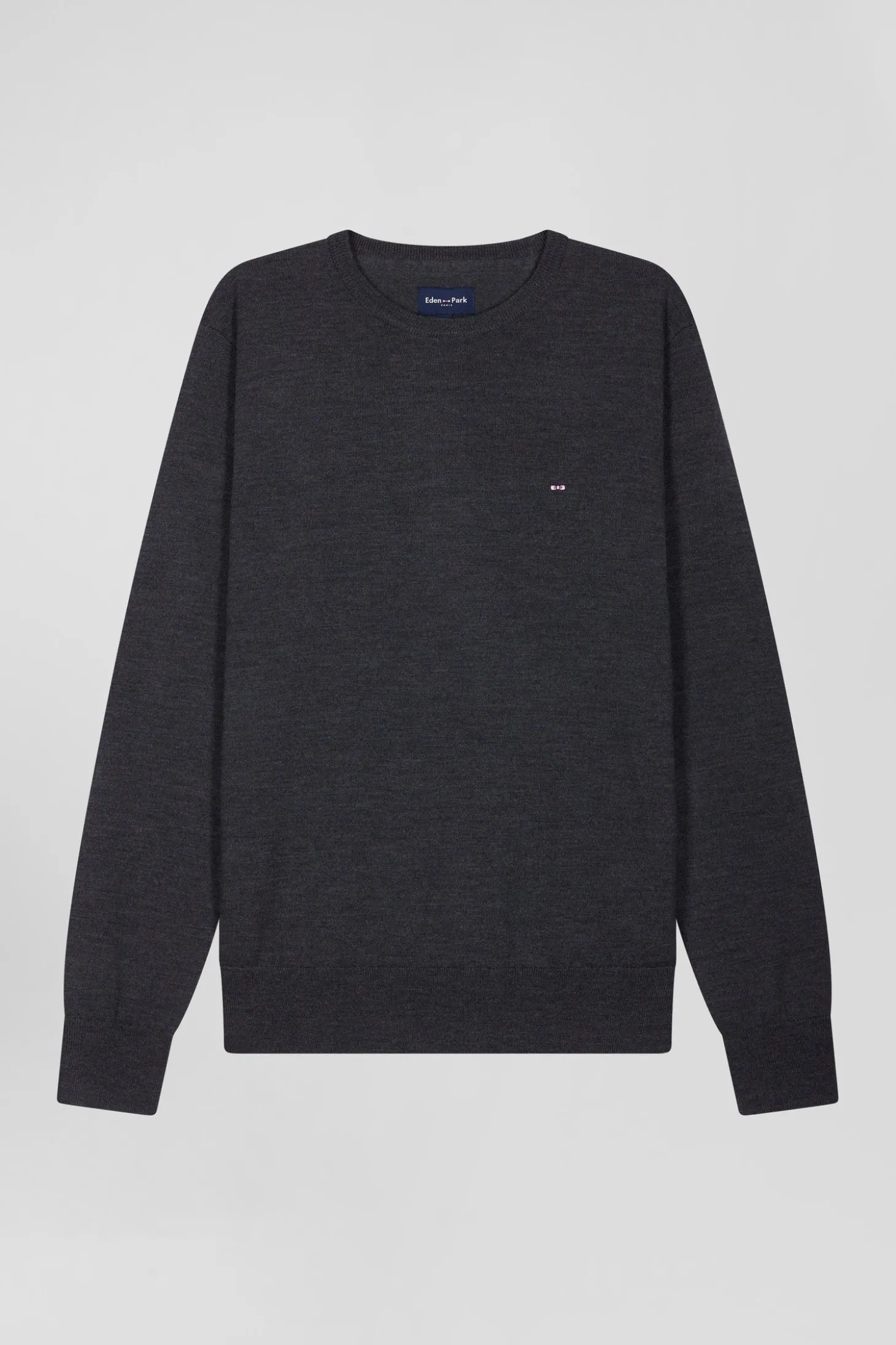Pull col rond uni en laine mérinos gris anthracite coupe Regular