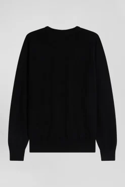 Pull col rond uni en laine mérinos noir coupe Regular