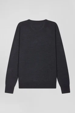 Pull col rond uni en laine mérinos gris anthracite coupe Regular