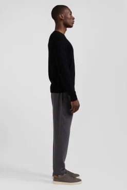 Pull col rond uni en laine mérinos noir coupe Regular