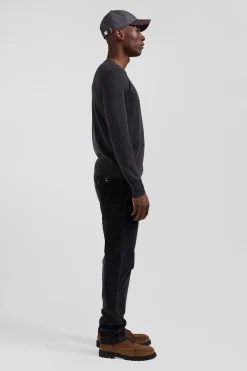 Pull col rond uni en laine mérinos gris anthracite coupe Regular