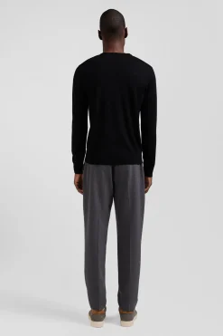 Pull col rond uni en laine mérinos noir coupe Regular