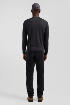Pull col rond uni en laine mérinos gris anthracite coupe Regular