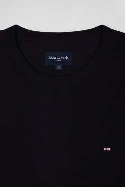 Pull col rond uni en laine mérinos bleu marine coupe Regular