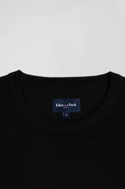 Pull col rond uni en laine mérinos noir coupe Regular