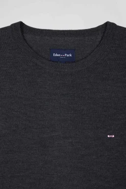 Pull col rond uni en laine mérinos gris anthracite coupe Regular