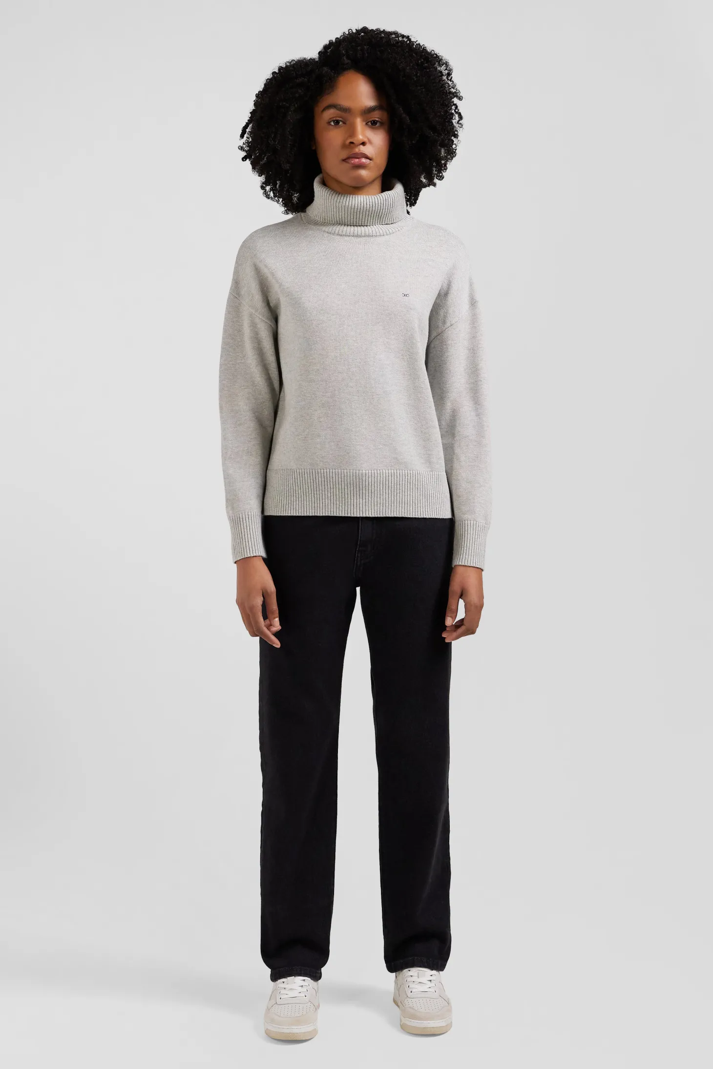 Pull col roulé en laine et coton gris clair coupe Relaxed