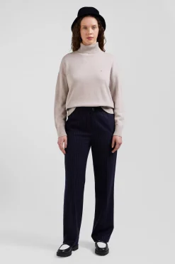 Pull col roulé en laine et coton beige coupe Relaxed