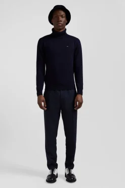 Pull col roulé en laine et coton bleu marine coupe Regular