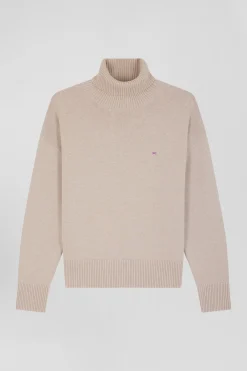 Pull col roulé en laine et coton beige coupe Relaxed