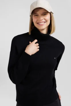 Pull col roulé en laine et coton noir coupe Relaxed