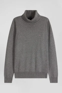 Pull col roulé en laine et coton gris coupe Regular