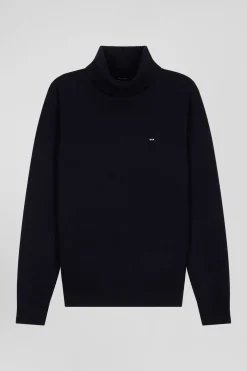 Pull col roulé en laine et coton bleu marine coupe Regular