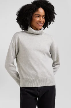 Pull col roulé en laine et coton gris clair coupe Relaxed