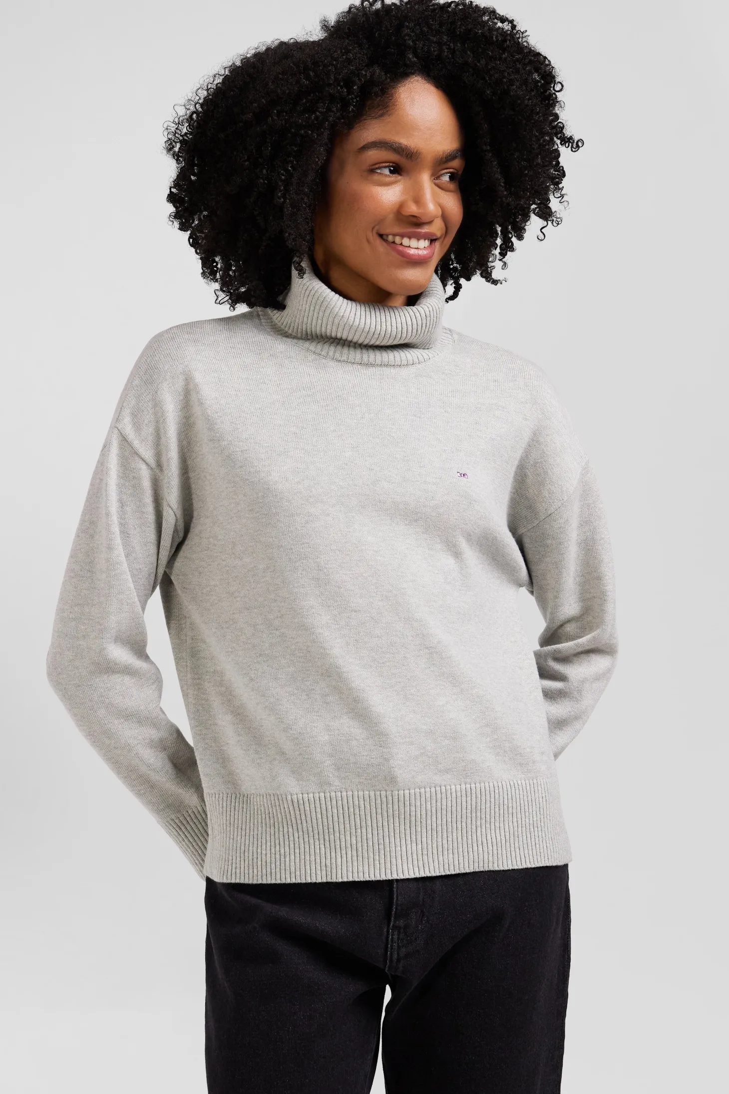 Pull col roulé en laine et coton gris clair coupe Relaxed