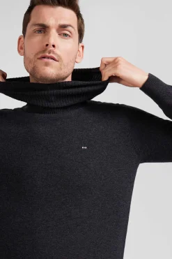 Pull col roulé en laine et coton gris anthracite coupe Regular