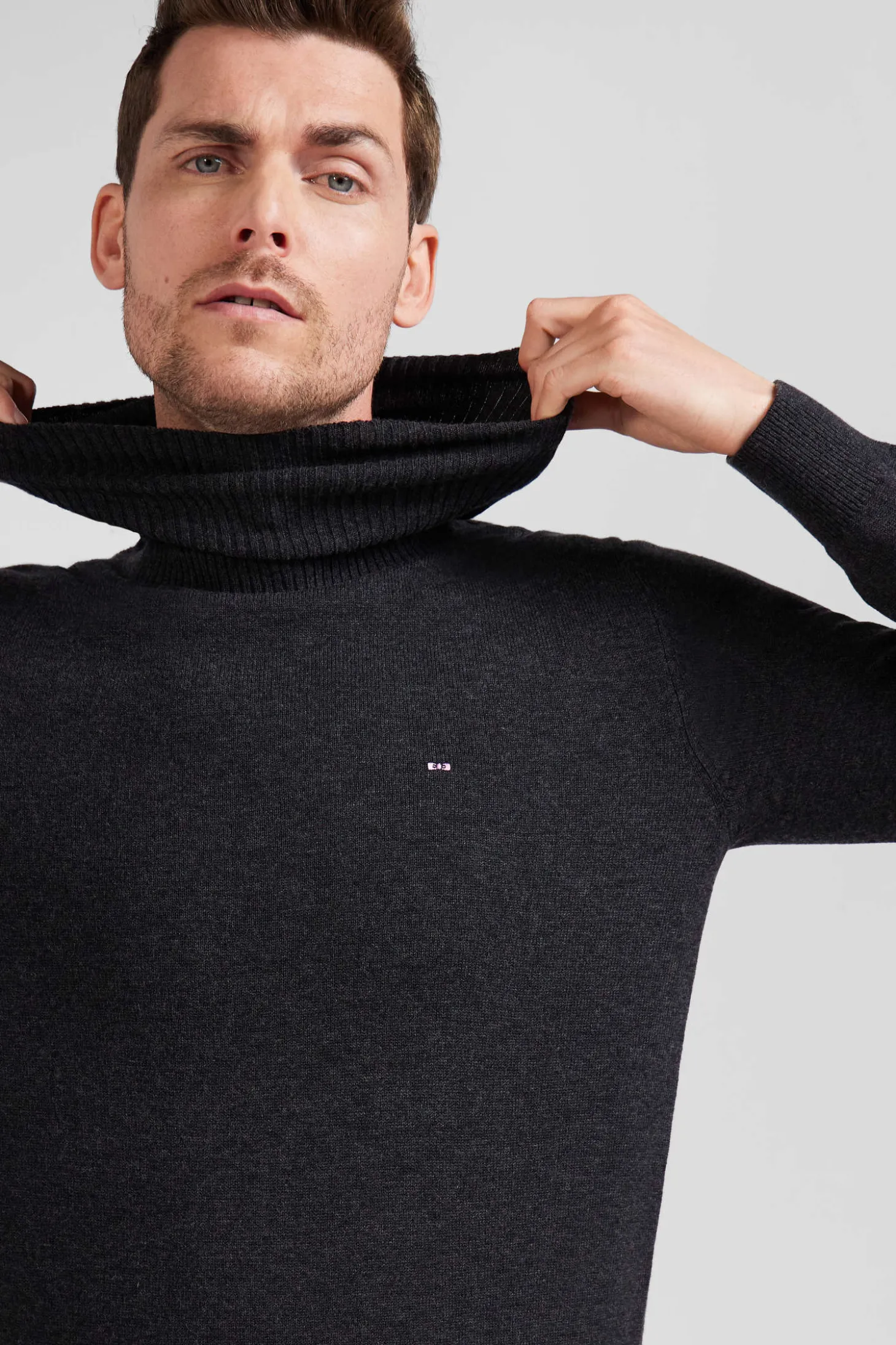 Pull col roulé en laine et coton gris anthracite coupe Regular