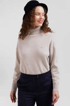 Pull col roulé en laine et coton beige coupe Relaxed