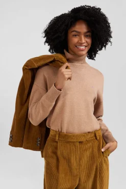 Pull col roulé en laine et coton marron coupe Relaxed