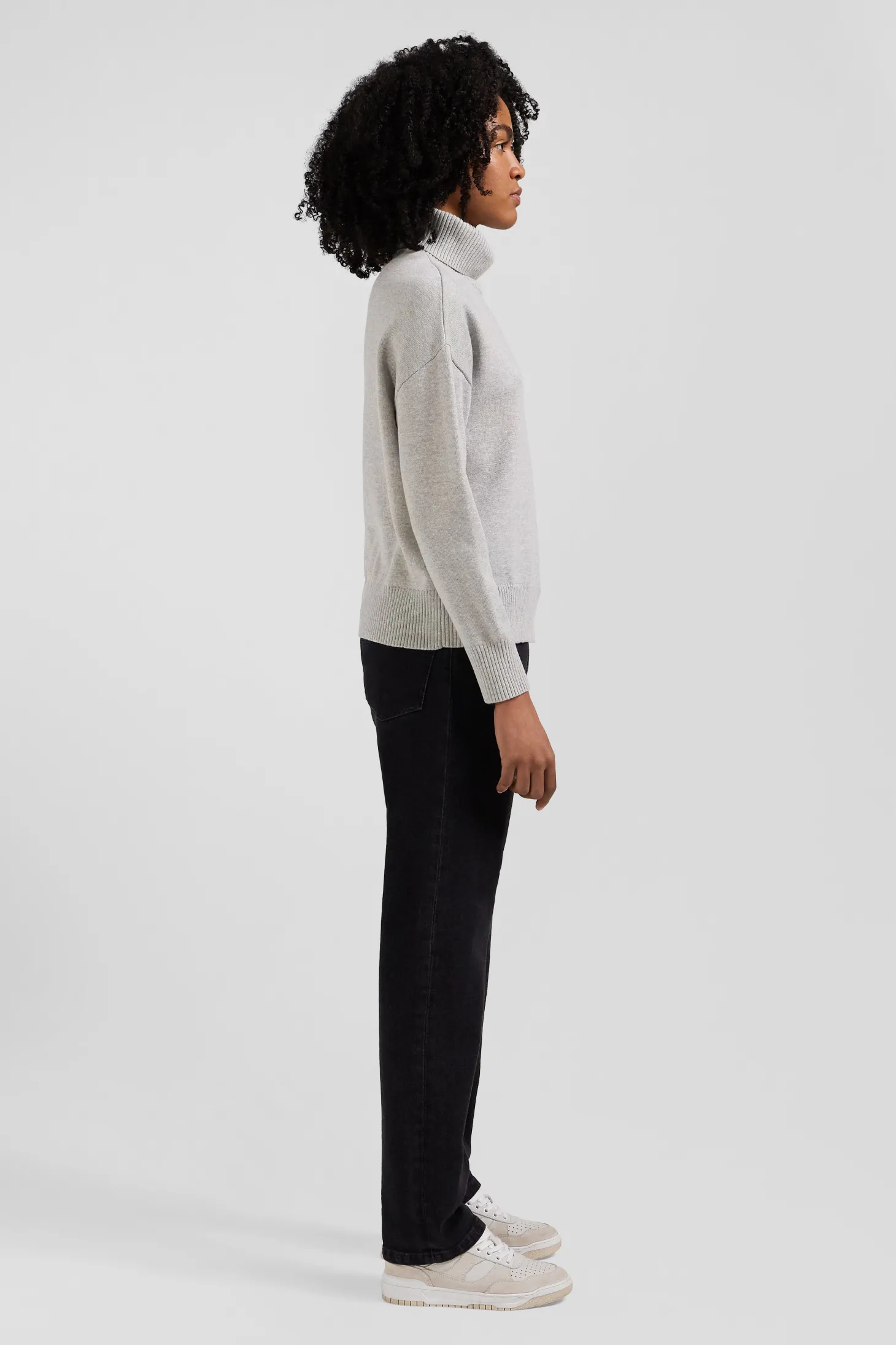 Pull col roulé en laine et coton gris clair coupe Relaxed