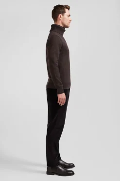 Pull col roulé en laine et coton marron coupe Regular