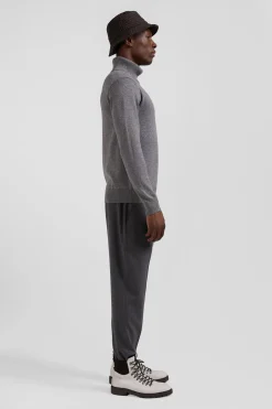 Pull col roulé en laine et coton gris coupe Regular