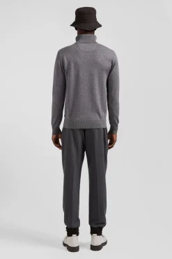 Pull col roulé en laine et coton gris coupe Regular