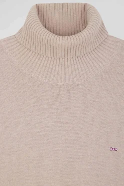 Pull col roulé en laine et coton beige coupe Relaxed