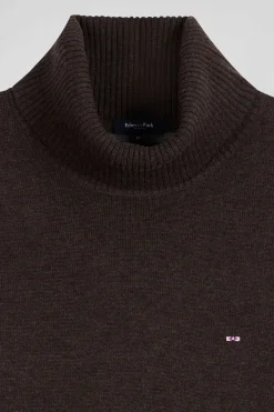 Pull col roulé en laine et coton marron coupe Regular