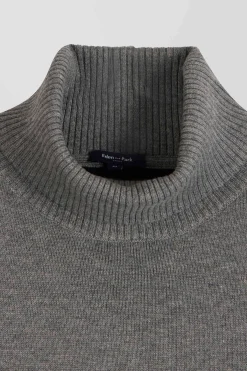 Pull col roulé en laine et coton gris coupe Regular