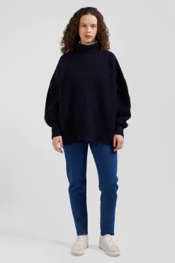 Pull col roulé en laine mélangée bleu marine coupe Oversized