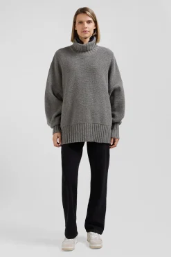 Pull col roulé en laine mélangée gris coupe Oversized