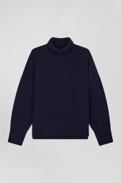 Pull col roulé en laine mélangée bleu marine coupe Oversized
