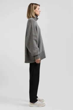 Pull col roulé en laine mélangée gris coupe Oversized