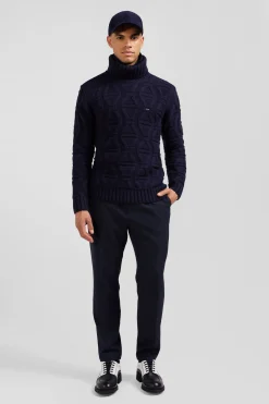 Pull col roulé en laine vierge et polyamide recyclé tricotage 3D marine coupe Regular