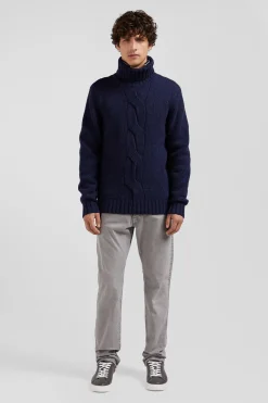 Pull col roulé en laine vierge et polyamide recyclé bleu marine coupe Regular