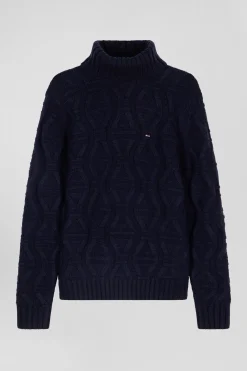 Pull col roulé en laine vierge et polyamide recyclé tricotage 3D marine coupe Regular