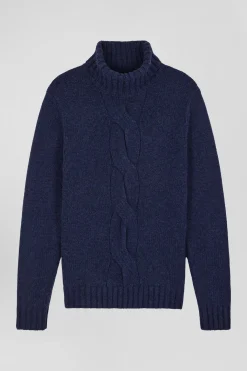 Pull col roulé en laine vierge et polyamide recyclé bleu marine coupe Regular