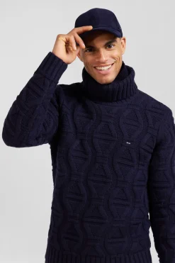 Pull col roulé en laine vierge et polyamide recyclé tricotage 3D marine coupe Regular