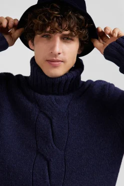 Pull col roulé en laine vierge et polyamide recyclé bleu marine coupe Regular