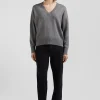 Pull col V en laine et coton gris clair coupe Relaxed
