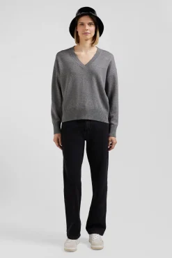 Pull col V en laine et coton gris clair coupe Relaxed